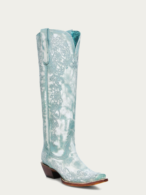 corral boots A4787 - WOMEN'S FLORAL EMBROIDERY FADED TURQUOISE SNIP TOE TALL TOP COWBOY BOOT