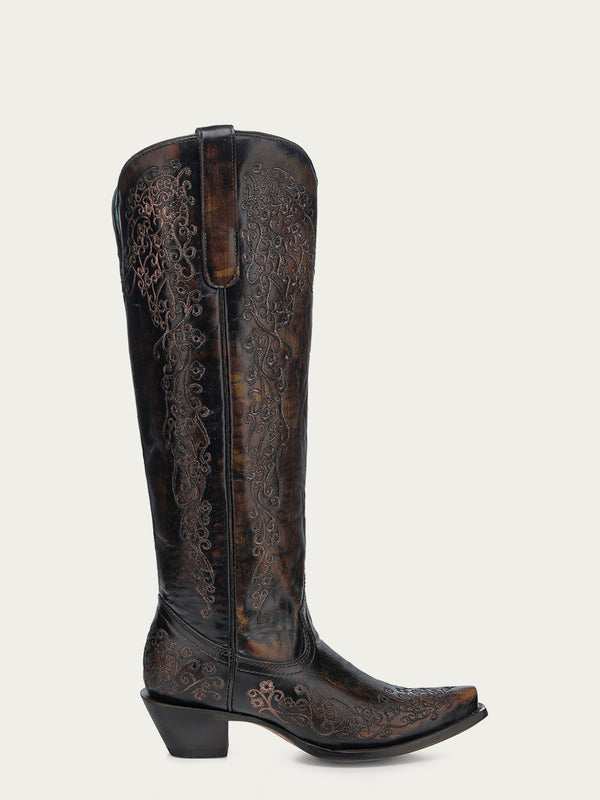 Corral Boots A4789 - WOMEN'S FLORAL EMBROIDERY BLACK AND HONEY SNIP TOE TALL TOP COWBOY BOOT