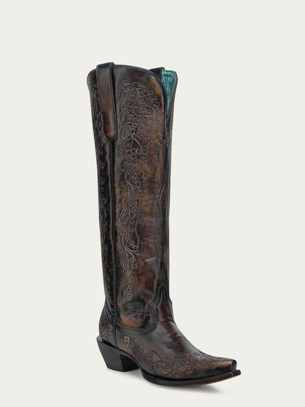 corral boots A4789 - WOMEN'S FLORAL EMBROIDERY BLACK AND HONEY SNIP TOE TALL TOP COWBOY BOOT