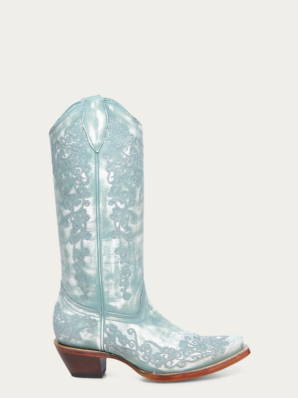 Corral Boots A4799 - WOMEN'S FLORAL EMBROIDERY FADED TURQUOISE SNIP TOE COWBOY BOOT