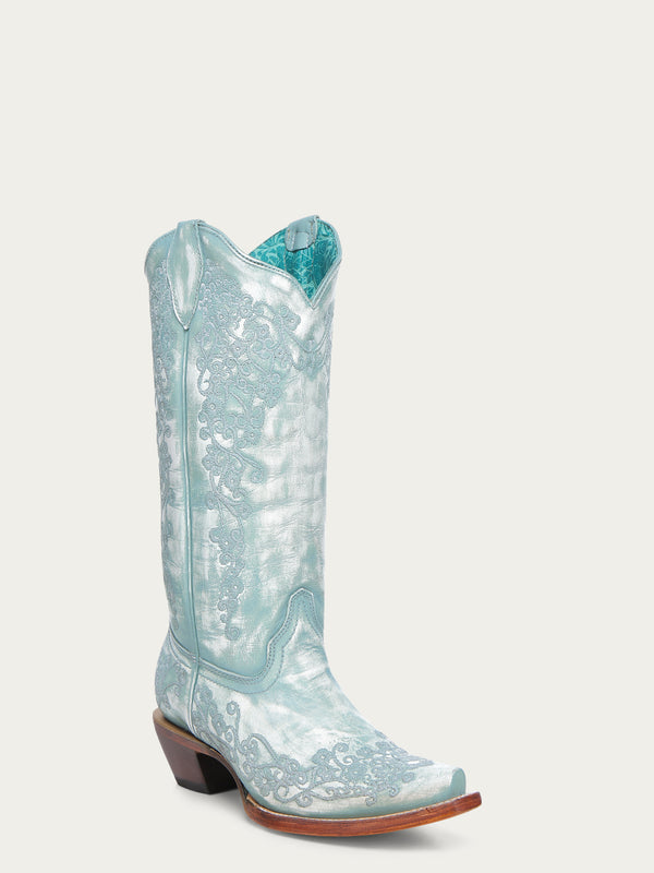 corral boots A4799 - WOMEN'S FLORAL EMBROIDERY FADED TURQUOISE SNIP TOE COWBOY BOOT