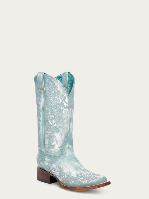 corral boots A4804 - WOMEN'S FLORAL EMBROIDERY FADED TURQUOISE SQUARE TOE COWBOY BOOT