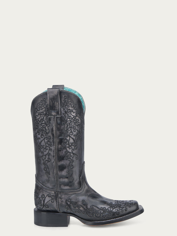 Corral Boots A4805 - WOMEN'S BLACK FLORAL EMBROIDERY SQUARE TOE COWBOY BOOT