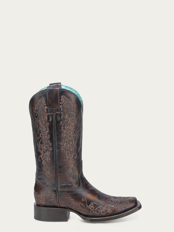 Corral Boots A4806 - WOMEN'S DARK HONEY FLORAL EMBROIDERY SQUARE TOE COWBOY BOOT