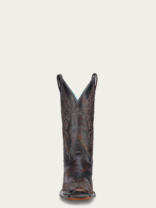 Corral Boots A4806 - WOMEN'S DARK HONEY FLORAL EMBROIDERY SQUARE TOE COWBOY BOOT