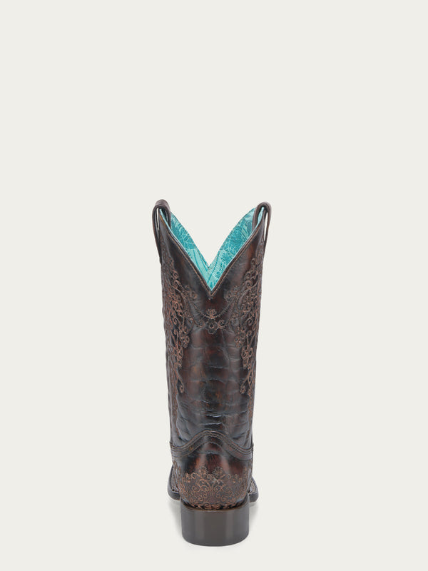 Corral Boots A4806 - WOMEN'S DARK HONEY FLORAL EMBROIDERY SQUARE TOE COWBOY BOOT