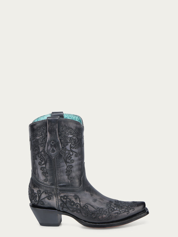 Corral Boots A4810 - WOMEN'S FLORAL EMBROIDERY BLACK SNIP TOE ANKLE COWBOY BOOT