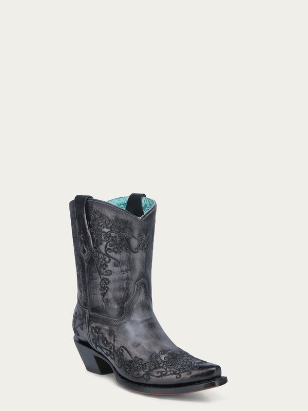 corral boots A4810 - WOMEN'S FLORAL EMBROIDERY BLACK SNIP TOE ANKLE COWBOY BOOT