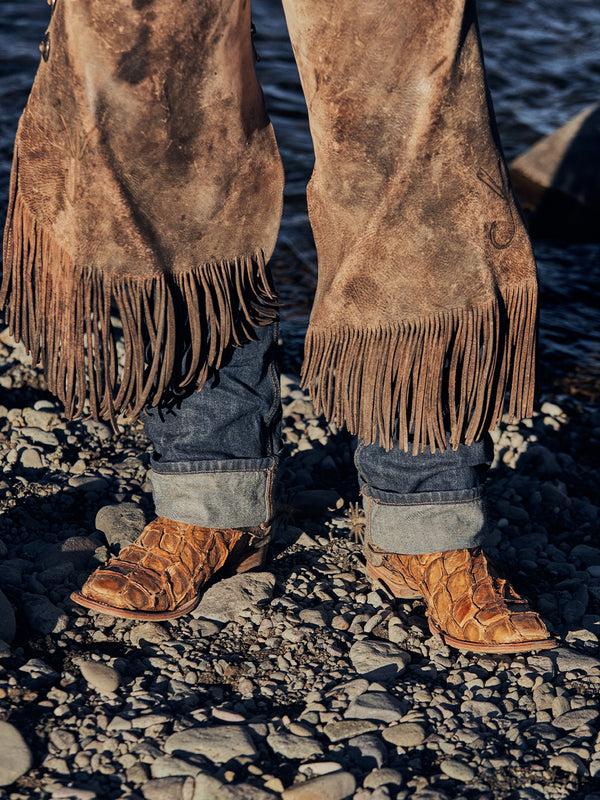 Corral Boots B5004 - MEN'S COGNAC EMBROIDERY SAND FISH PIRARUCU WIDE SQUARE TOE COWBOY BOOT