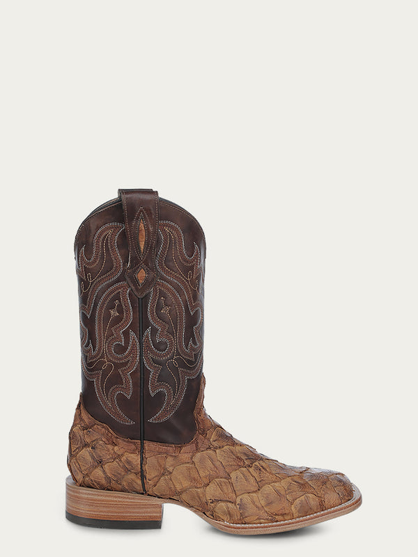Corral Boots B5004 - MEN'S COGNAC EMBROIDERY SAND FISH PIRARUCU WIDE SQUARE TOE COWBOY BOOT