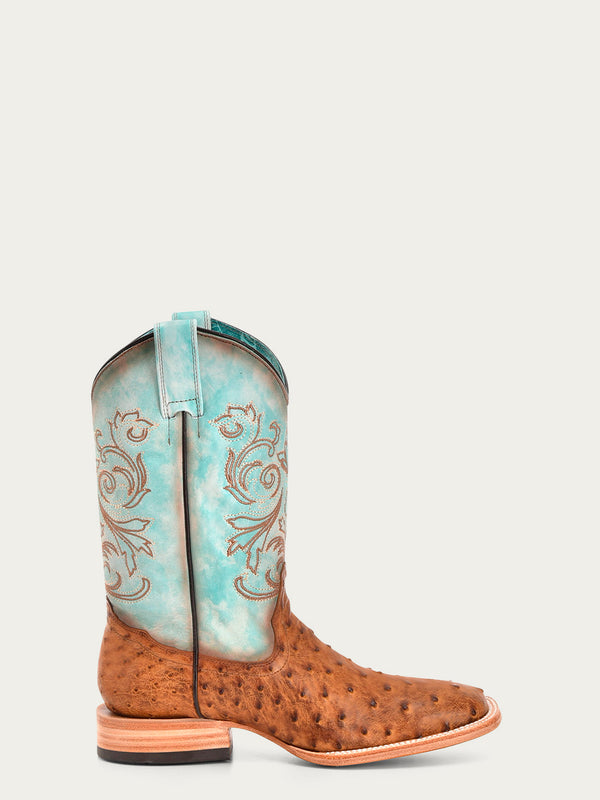 Corral Boots B5006 - WOMEN'S HONEY EMBROIDERY AND OSTRICH BLUE WIDE SQUARE TOE COWBOY BOOT