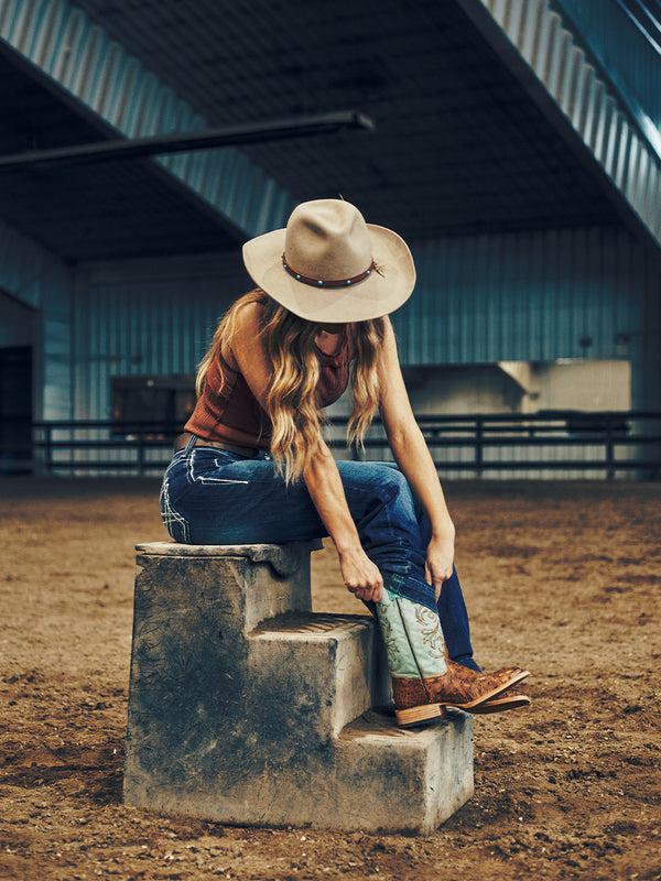 Corral Boots B5006 - WOMEN'S HONEY EMBROIDERY AND OSTRICH BLUE WIDE SQUARE TOE COWBOY BOOT