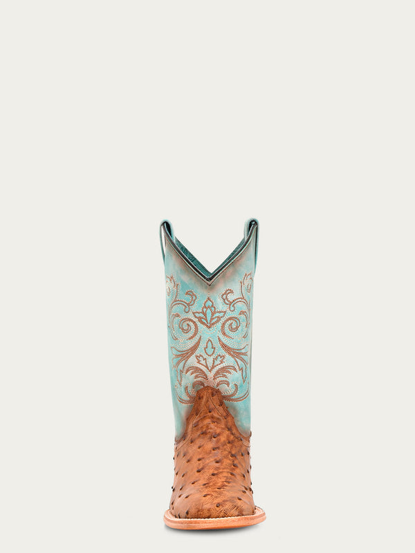 Corral Boots B5006 - WOMEN'S HONEY EMBROIDERY AND OSTRICH BLUE WIDE SQUARE TOE COWBOY BOOT