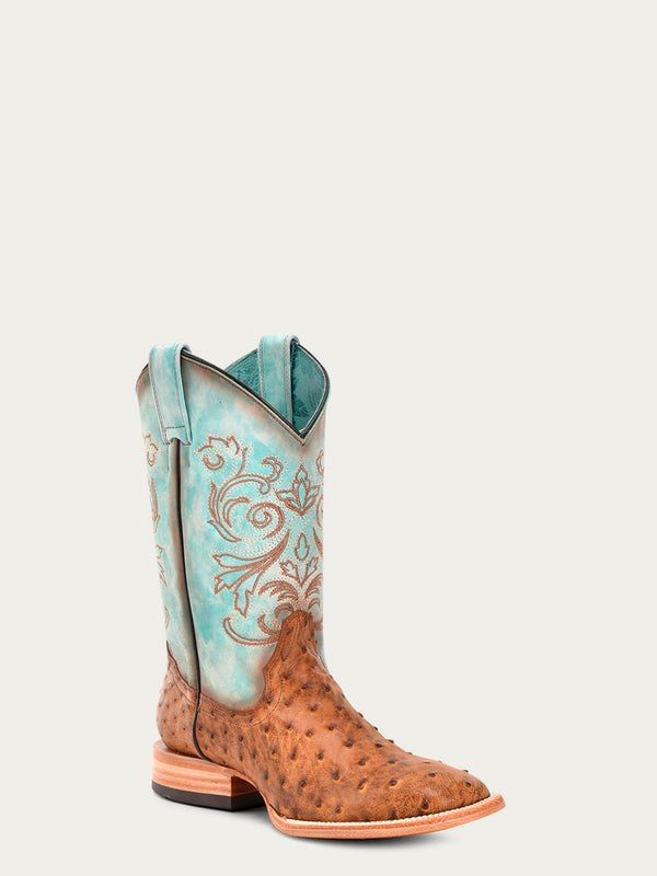 corral boots B5006 - WOMEN'S HONEY EMBROIDERY AND OSTRICH BLUE WIDE SQUARE TOE COWBOY BOOT