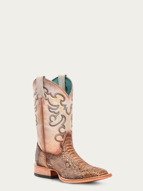 corral boots B5007 - WOMEN'S EMBROIDERY GENUINE TAUPE-BEIGE PYTHON VAMP WIDE SQUARE TOE COWBOY BOOTS