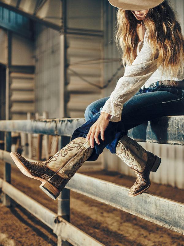 Corral Boots B5007 - WOMEN'S EMBROIDERY GENUINE TAUPE-BEIGE PYTHON VAMP WIDE SQUARE TOE COWBOY BOOTS