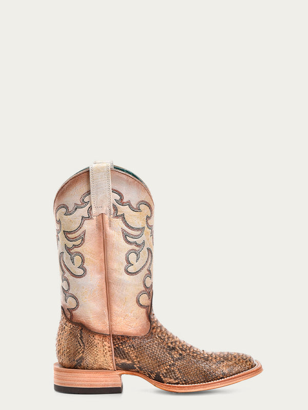 Corral Boots B5007 - WOMEN'S EMBROIDERY GENUINE TAUPE-BEIGE PYTHON VAMP WIDE SQUARE TOE COWBOY BOOTS