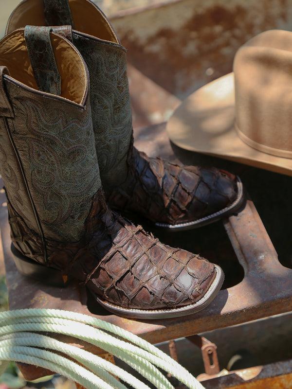 Corral Boots B5023 - MEN'S TOBACCO FISH PIRARUCU FADED TURQUOISE WIDE SQUARE TOE COWBOY BOOT