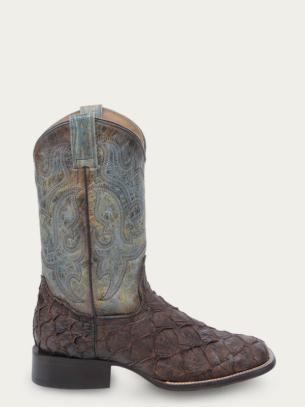 Corral Boots B5023 - MEN'S TOBACCO FISH PIRARUCU FADED TURQUOISE WIDE SQUARE TOE COWBOY BOOT