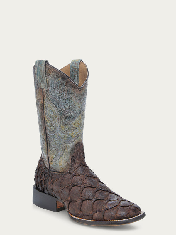 corral boots B5023 - MEN'S TOBACCO FISH PIRARUCU FADED TURQUOISE WIDE SQUARE TOE COWBOY BOOT