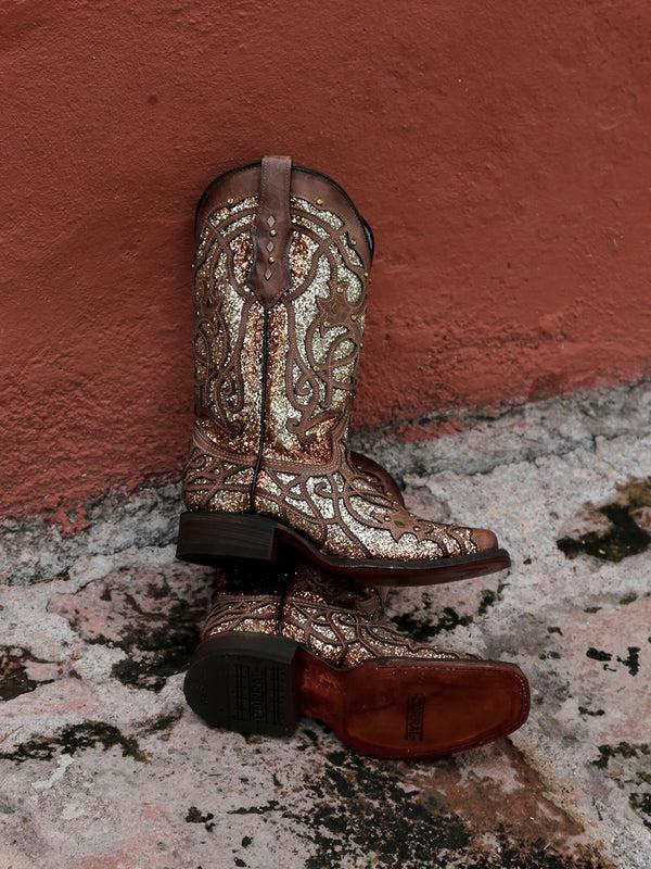 Corral Boots C3275 - WOMEN'S ORIX GLITTERED INLAY AND STUDS BROWN SQUARE TOE COWBOY BOOT