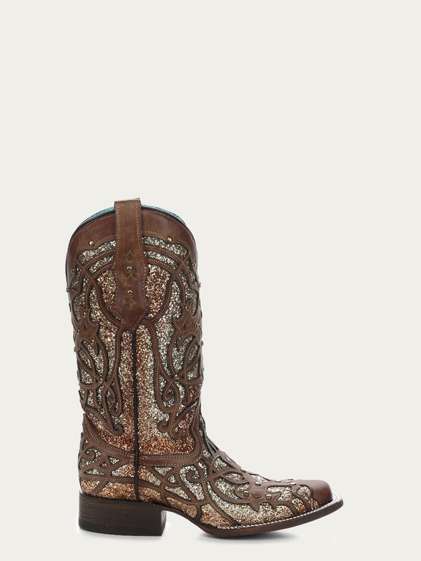 Corral Boots C3275 - WOMEN'S ORIX GLITTERED INLAY AND STUDS BROWN SQUARE TOE COWBOY BOOT