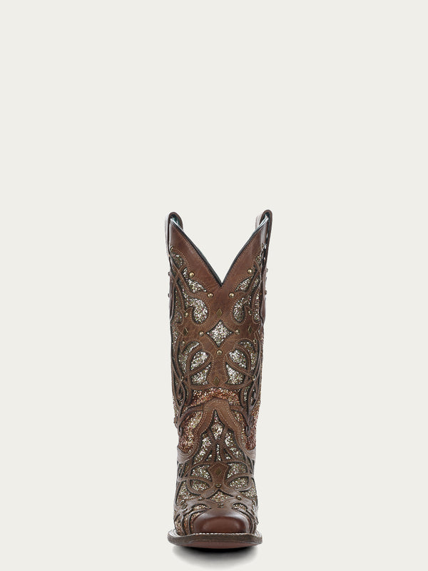 Corral Boots C3275 - WOMEN'S ORIX GLITTERED INLAY AND STUDS BROWN SQUARE TOE COWBOY BOOT