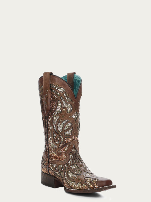 corral boots C3275 - WOMEN'S ORIX GLITTERED INLAY AND STUDS BROWN SQUARE TOE COWBOY BOOT