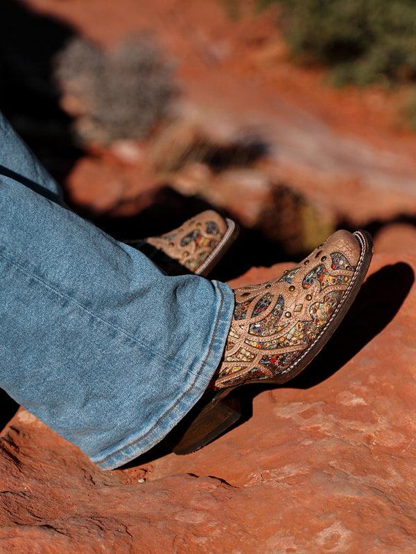 Corral Boots C3405 - WOMEN'S MULTICOLOR GLITTERED INLAY BONE COLOR SQUARE TOE COWBOY BOOT