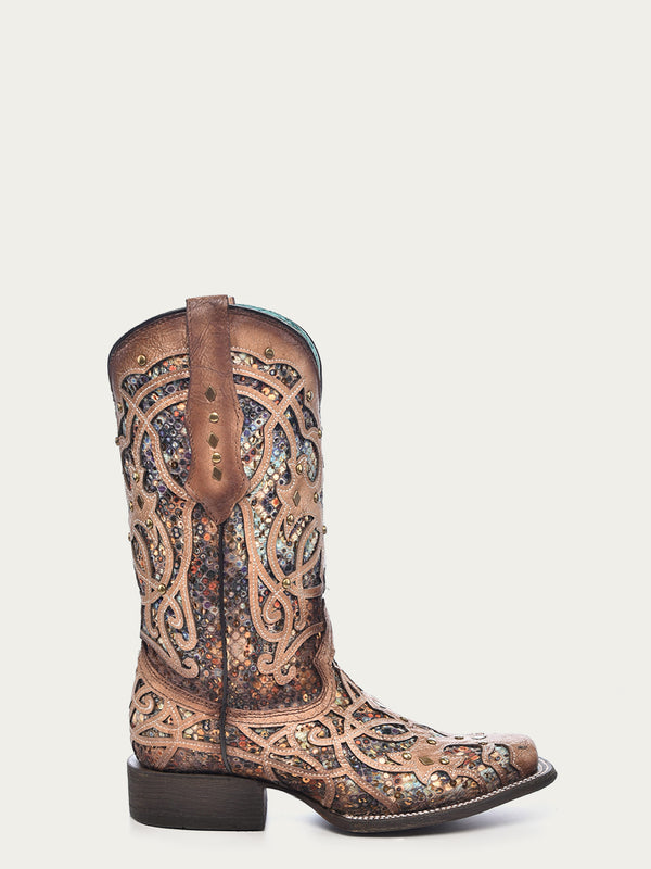 Corral Boots C3405 - WOMEN'S MULTICOLOR GLITTERED INLAY BONE COLOR SQUARE TOE COWBOY BOOT