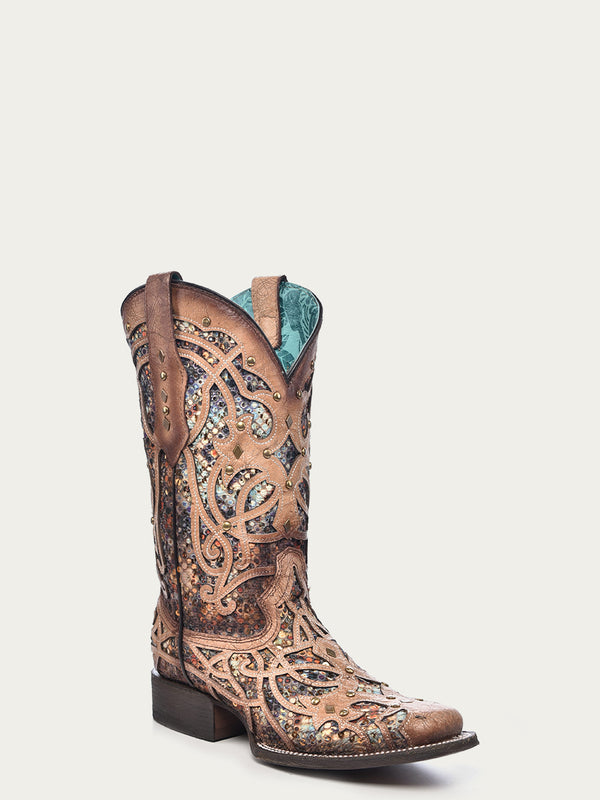 corral boots C3405 - WOMEN'S MULTICOLOR GLITTERED INLAY BONE COLOR SQUARE TOE COWBOY BOOT