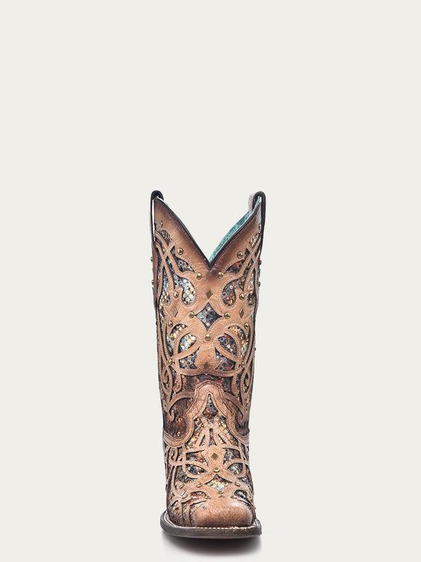 Corral Boots C3405 - WOMEN'S MULTICOLOR GLITTERED INLAY BONE COLOR SQUARE TOE COWBOY BOOT