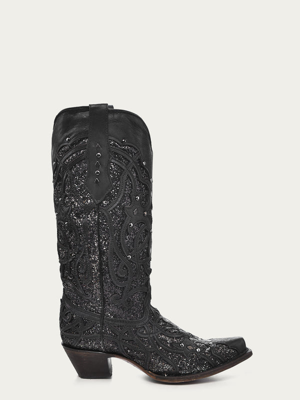 Corral Boots C3423 - WOMEN'S BLACK GLITTERED INLAY BLACK SNIP TOE COWBOY BOOT