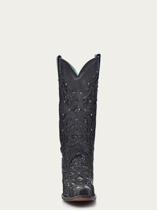 Corral Boots C3423 - WOMEN'S BLACK GLITTERED INLAY BLACK SNIP TOE COWBOY BOOT