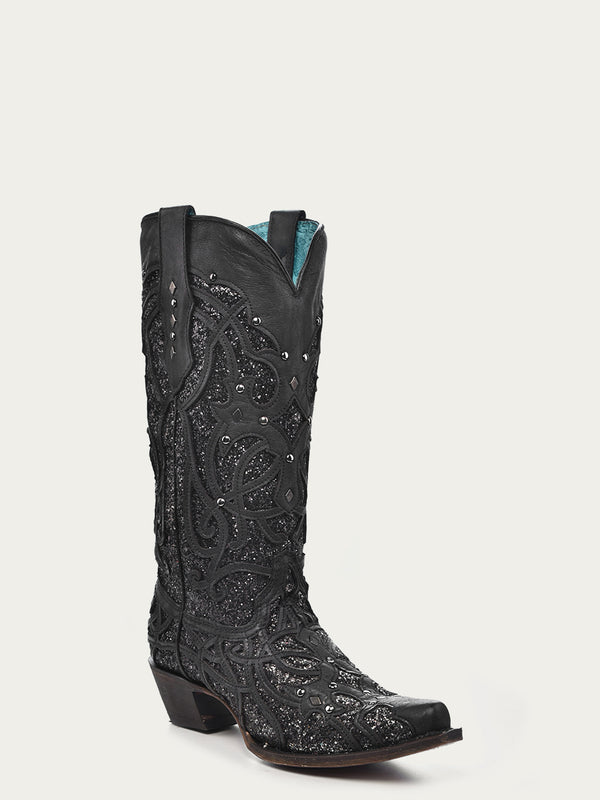 corral boots C3423 - WOMEN'S BLACK GLITTERED INLAY BLACK SNIP TOE COWBOY BOOT