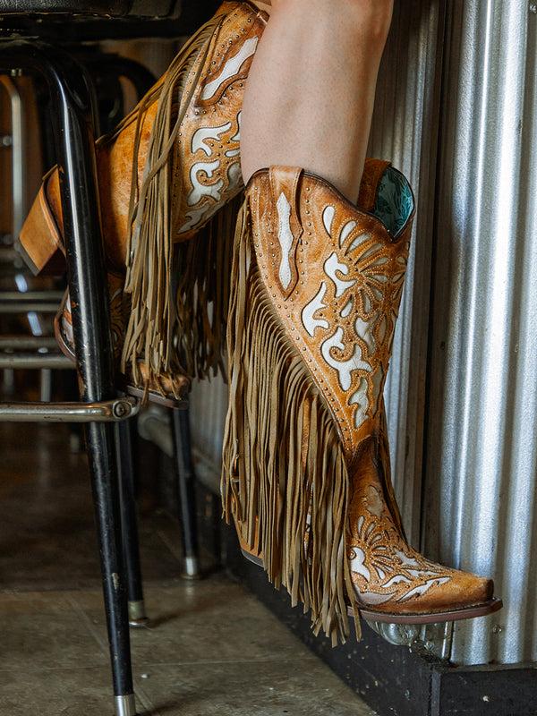Corral Boots C3766 - WOMEN'S WHITE INLAY AND EMBROIDERY LAMB FRINGE SADDLE SNIP TOE COWBOY BOOT