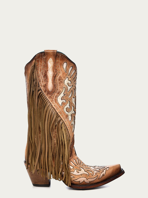 Corral Boots C3766 - WOMEN'S WHITE INLAY AND EMBROIDERY LAMB FRINGE SADDLE SNIP TOE COWBOY BOOT