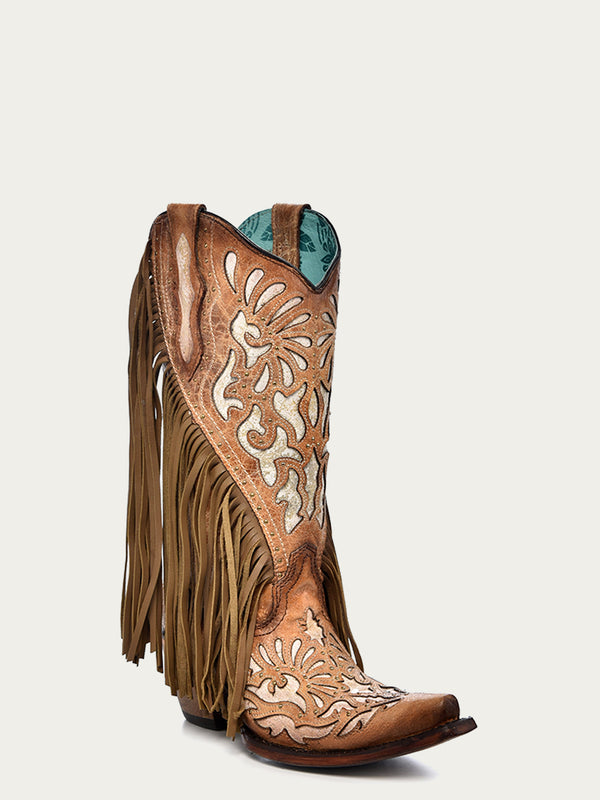 corral boots C3766 - WOMEN'S WHITE INLAY AND EMBROIDERY LAMB FRINGE SADDLE SNIP TOE COWBOY BOOT
