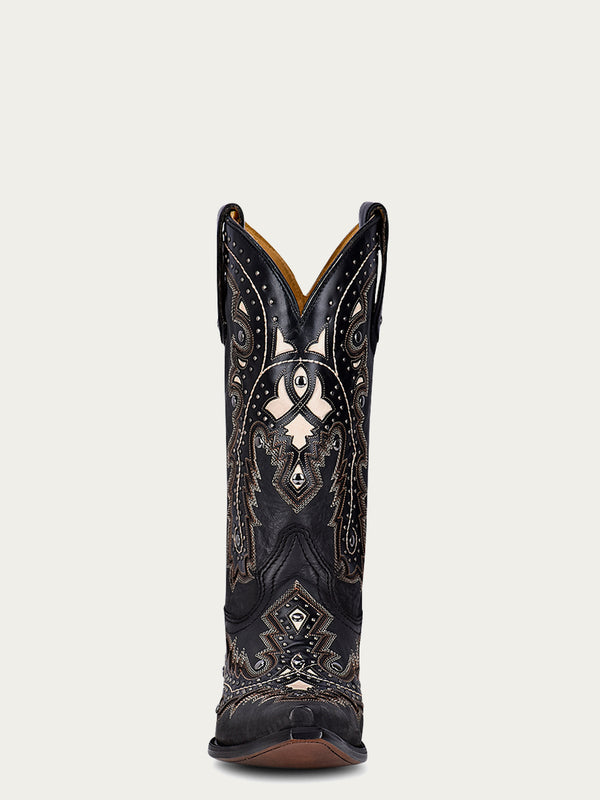 Corral Boots C3847 - MEN'S WHITE INLAY EMBROIDERY AND STUDS SNIP TOE BLACK COWBOY BOOT