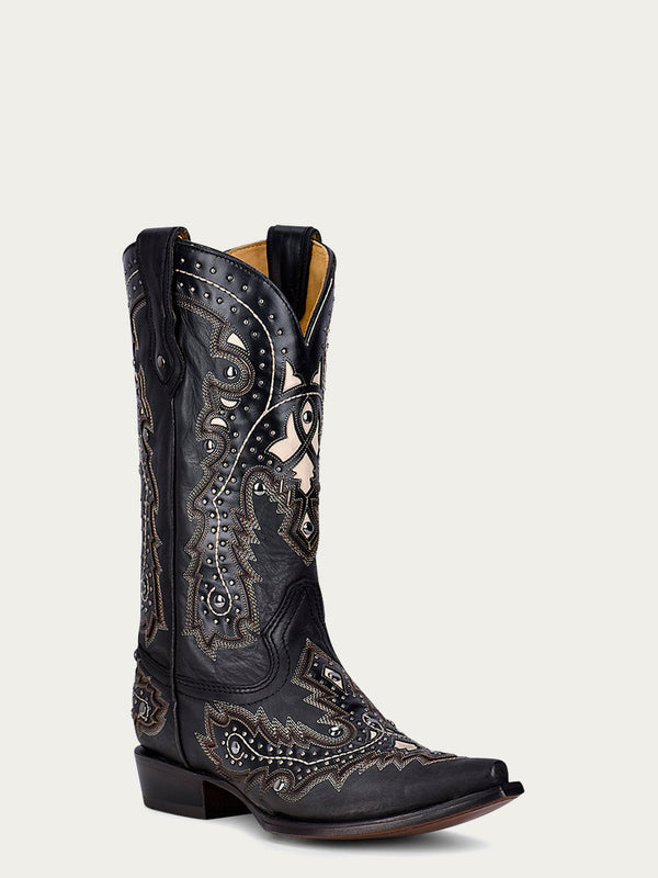 corral boots C3847 - MEN'S WHITE INLAY EMBROIDERY AND STUDS SNIP TOE BLACK COWBOY BOOT