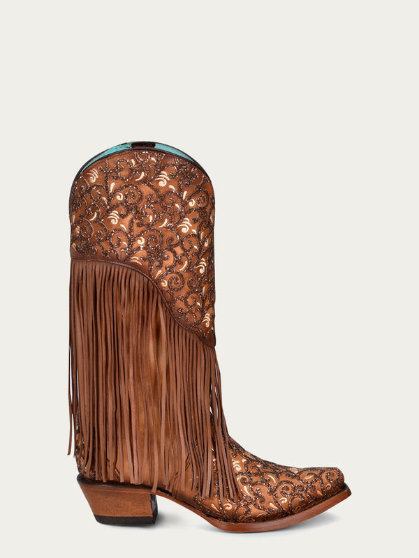 Corral Boots C3876 - WOMEN'S OVERLAY WHITE EMBROIDERY LAMB FRINGE HONEY SNIP TOE COWBOY BOOT