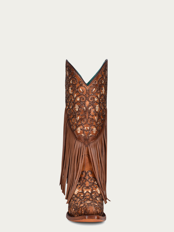 Corral Boots C3876 - WOMEN'S OVERLAY WHITE EMBROIDERY LAMB FRINGE HONEY SNIP TOE COWBOY BOOT