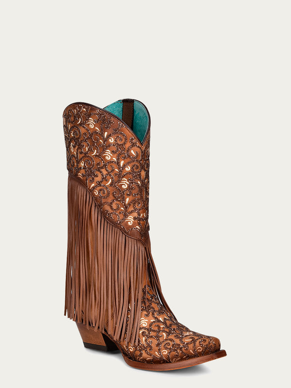 corral boots C3876 - WOMEN'S OVERLAY WHITE EMBROIDERY LAMB FRINGE HONEY SNIP TOE COWBOY BOOT