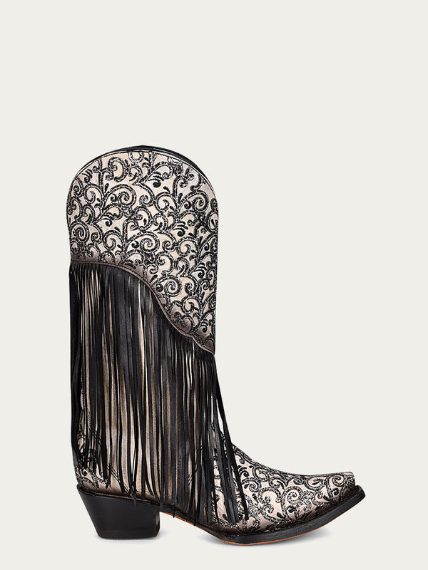 Corral Boots C3877 - WOMEN'S OVERLAY BLACK EMBROIDERY LAMB FRINGE WHITE SNIP TOE COWBOY BOOT