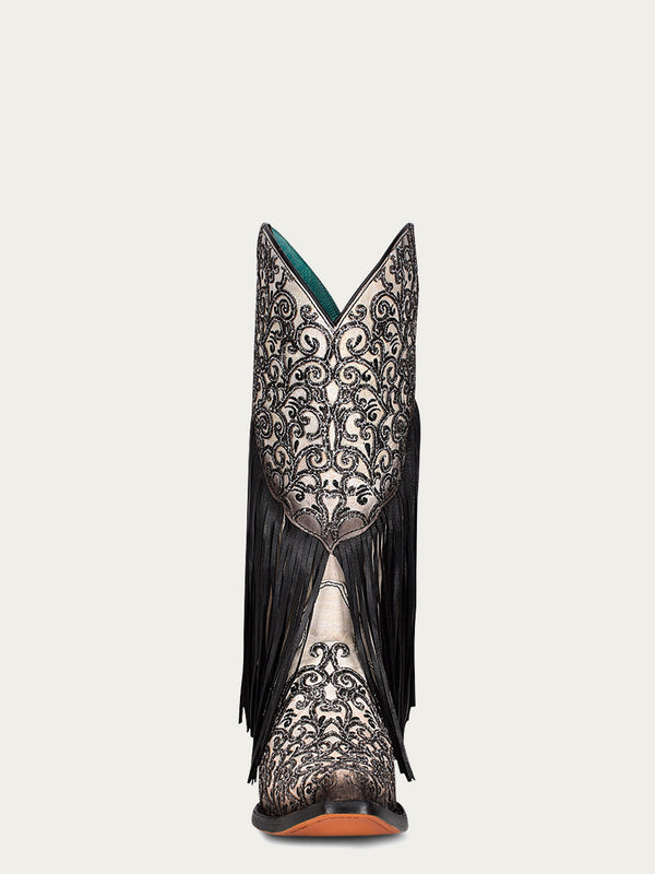 Corral Boots C3877 - WOMEN'S OVERLAY BLACK EMBROIDERY LAMB FRINGE WHITE SNIP TOE COWBOY BOOT