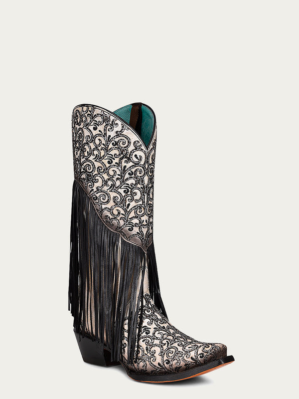 corral boots C3877 - WOMEN'S OVERLAY BLACK EMBROIDERY LAMB FRINGE WHITE SNIP TOE COWBOY BOOT