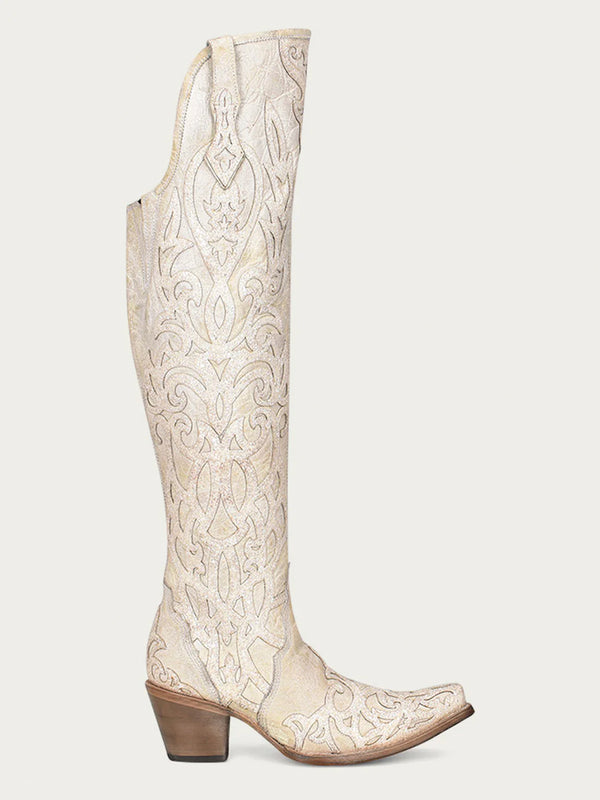 Corral Boots C3927 - WOMEN'S BEIGE GLITTER OVERLAY AND EMBROIDERY TALL TOP SNIP TOE COWBOY BOOT