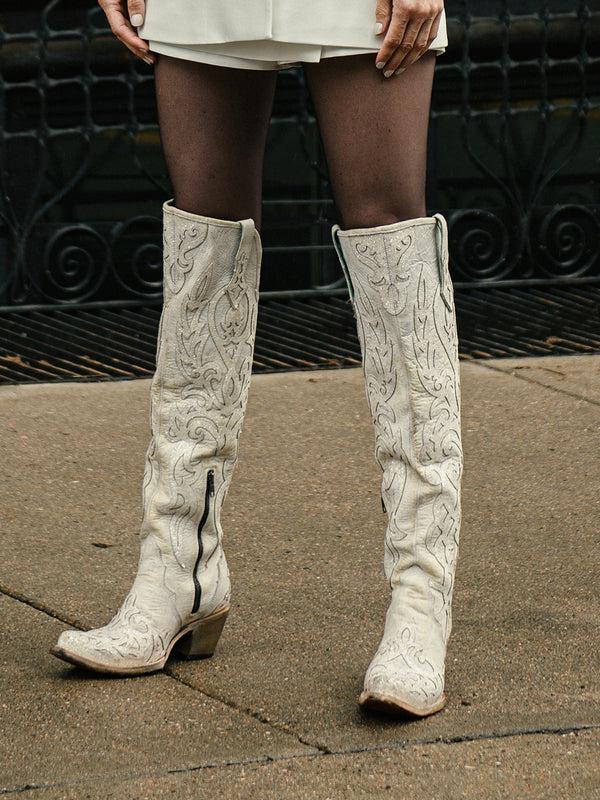 Corral Boots C3927 - WOMEN'S BEIGE GLITTER OVERLAY AND EMBROIDERY TALL TOP SNIP TOE COWBOY BOOT