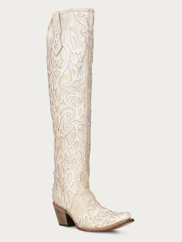 corral boots C3927 - WOMEN'S BEIGE GLITTER OVERLAY AND EMBROIDERY TALL TOP SNIP TOE COWBOY BOOT