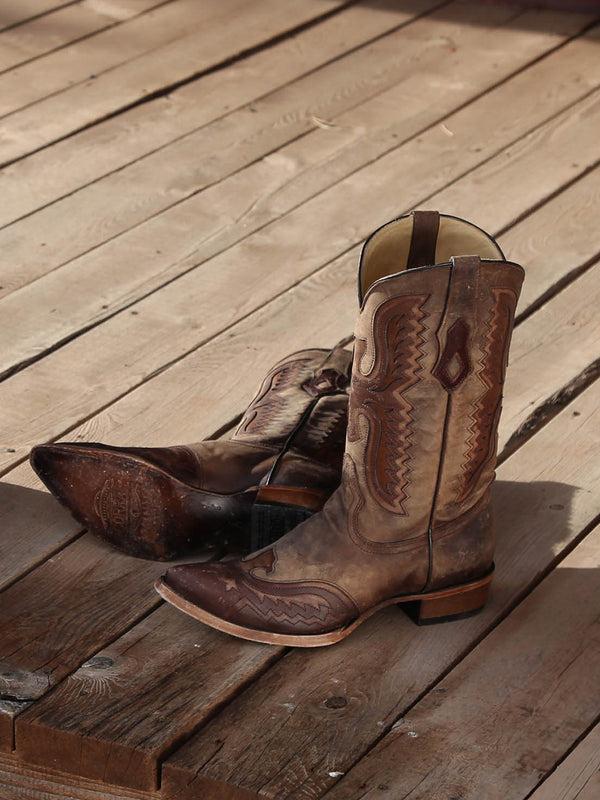 Corral Boots C3952 - MEN'S EAGLE INLAY AND EMBROIDERY WING TIP SNIP TOE DISTRESSED TAN COWBOY BOOT